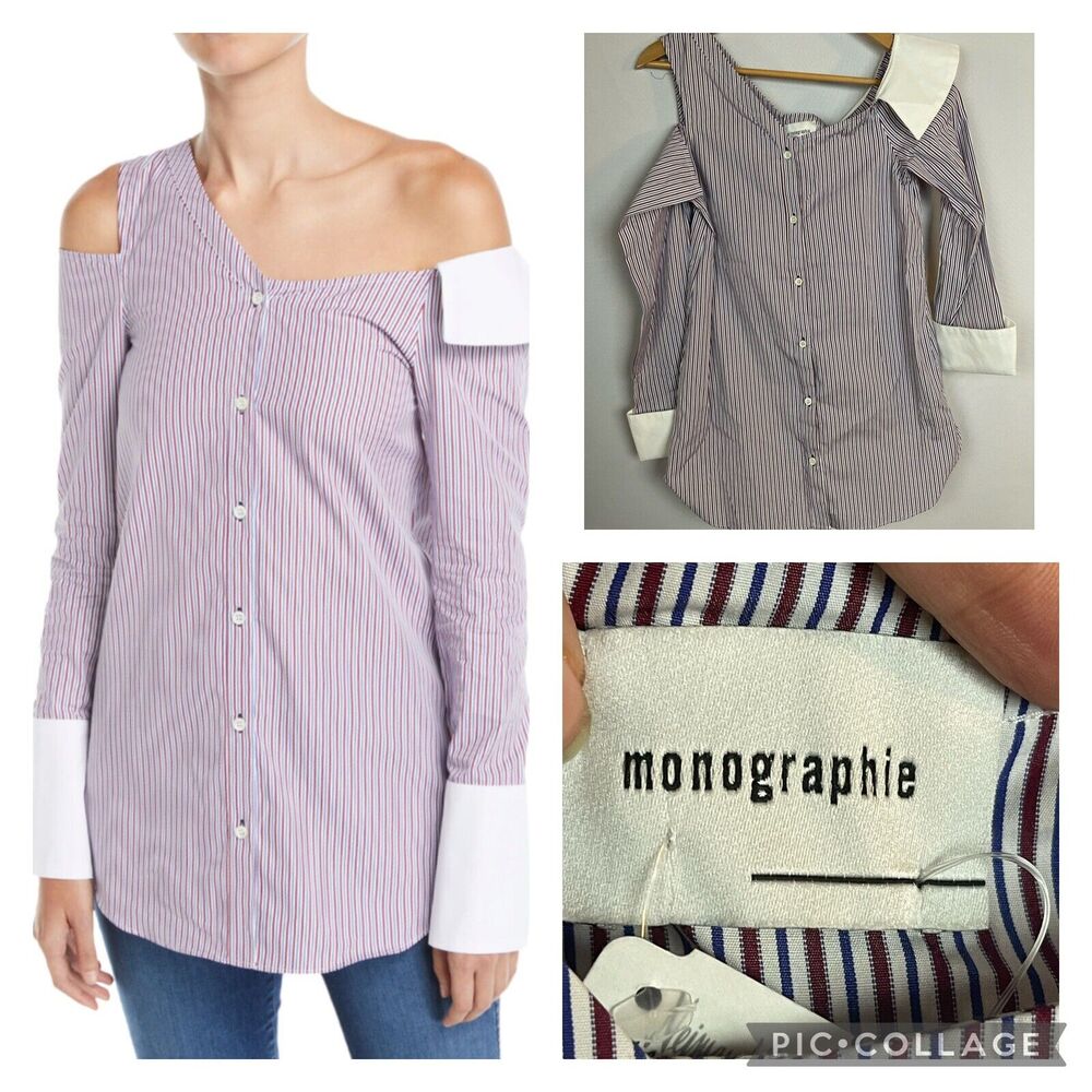 Monographie One-Shoulder Cutout Striped Button Front Shirt Size S NWT